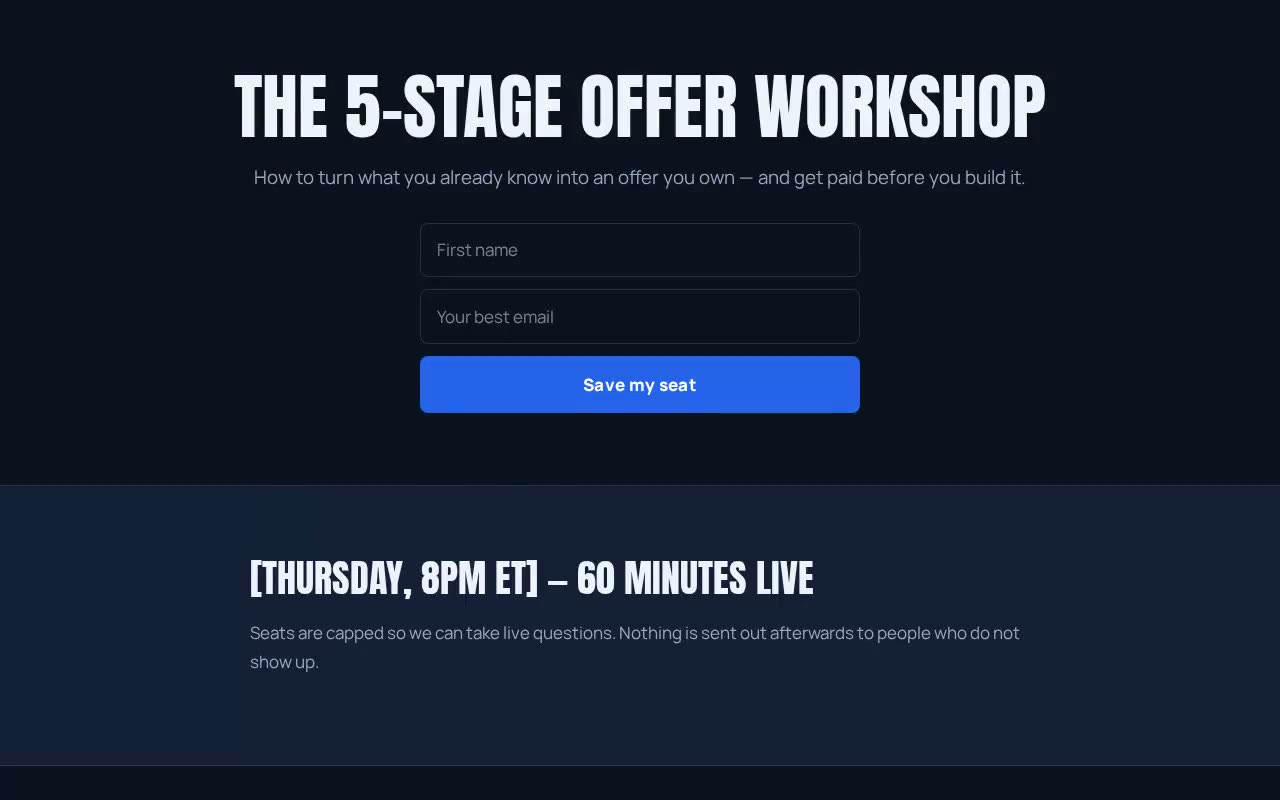 A published webinar registration page with name and email capture