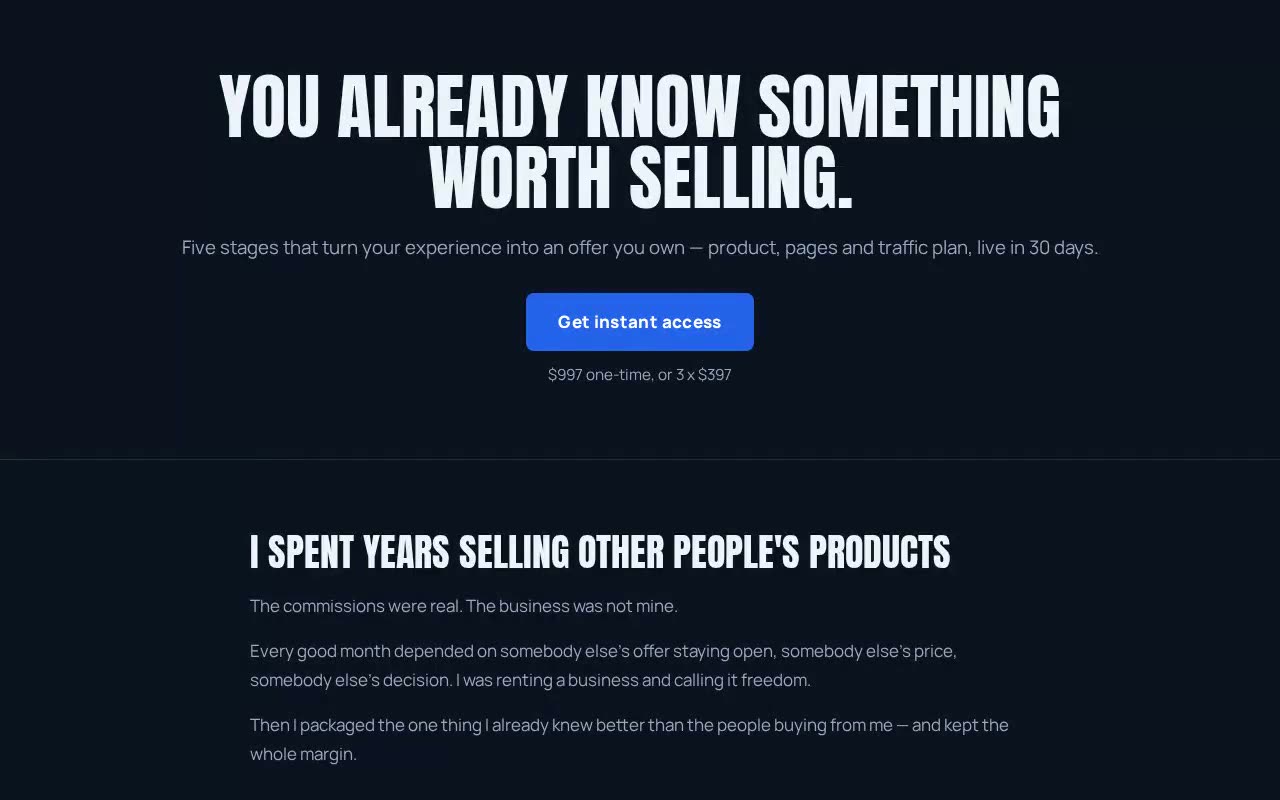 A published Sell What You Know sales page scrolling through story, stack and guarantee